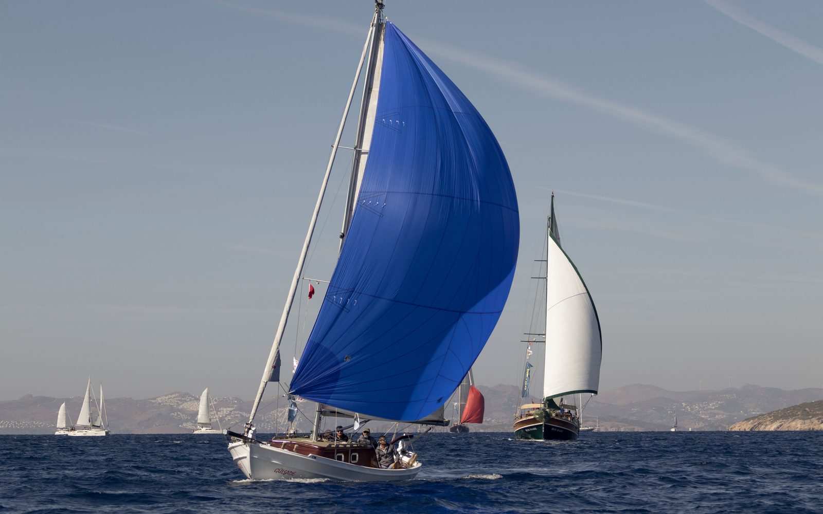 Classic yacht running under a deep blue cruising chute